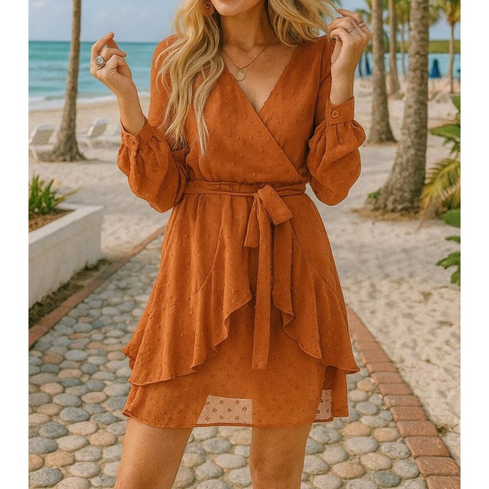 Aooksmery S Dress Swiss Dot Mini Surplice V-neck Tie Waist Long Sleeve Ruffle